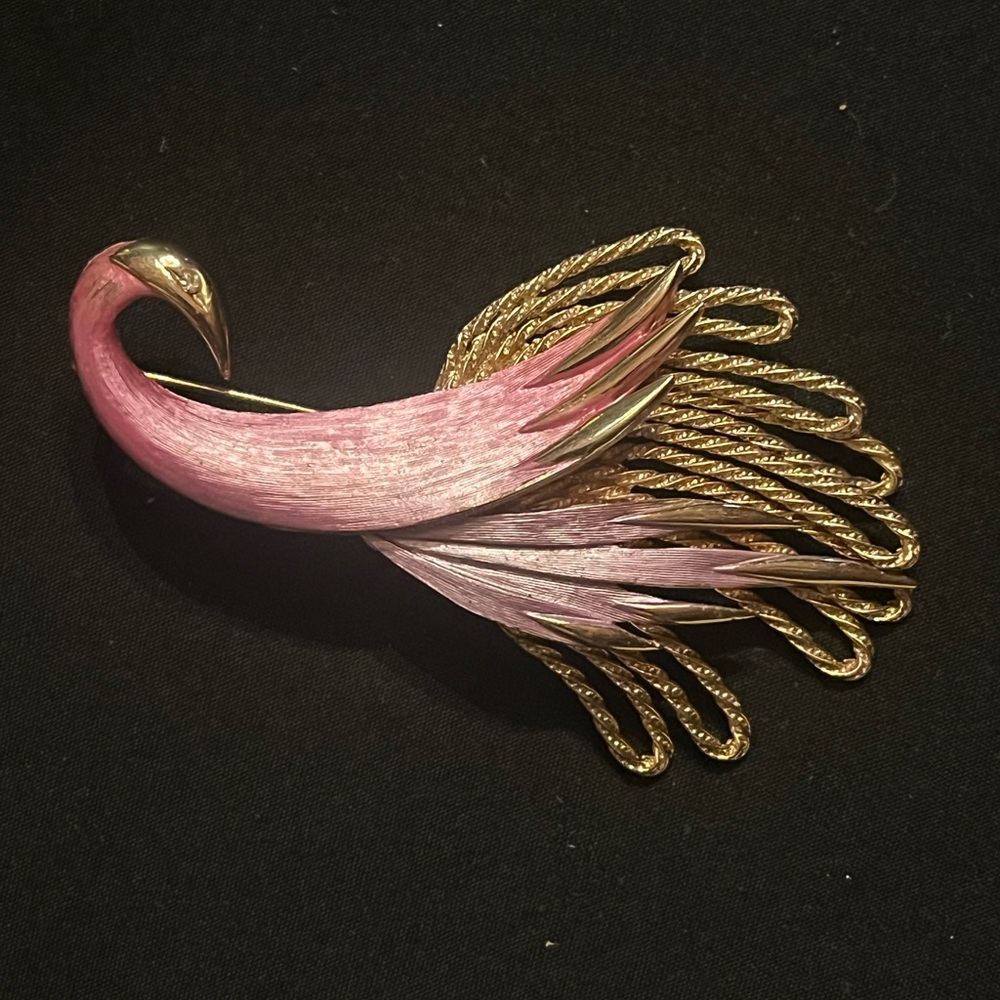 Vintage Gold Tone Stylized Bird Brooch with Pink and Purple feathers
